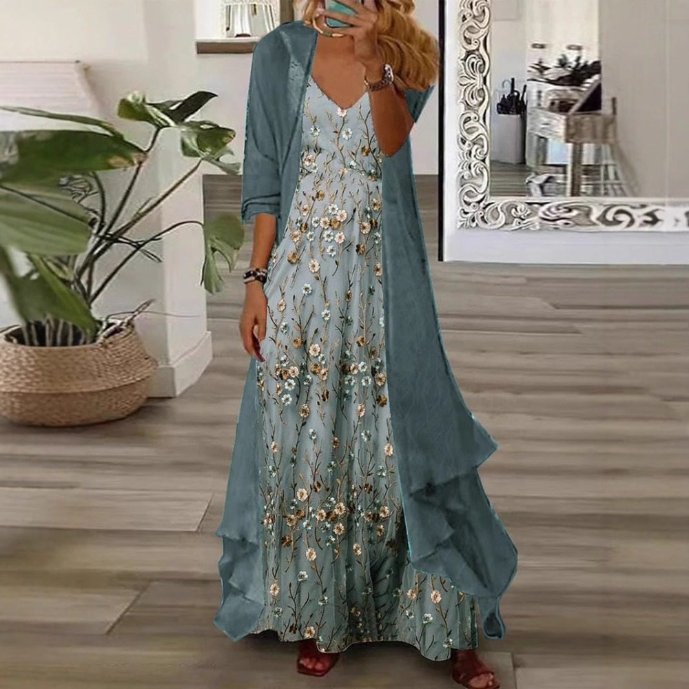 V Vintage Fashion - Vintage Printing Chiffon Cardigan 2 Piece