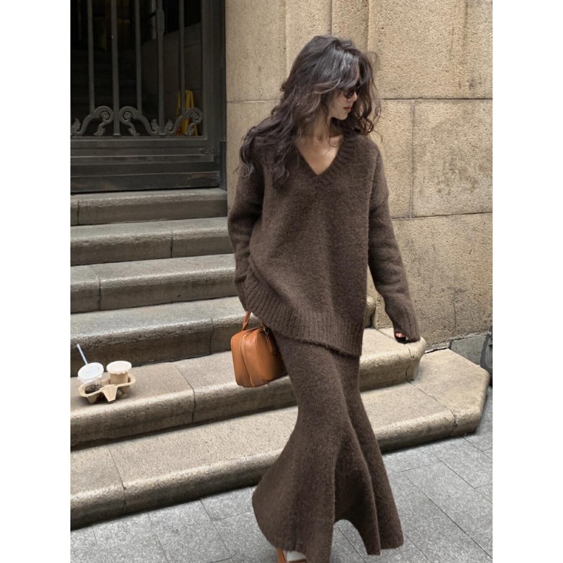 V Vintage Fashion - Knitted Sweater Set Skirt Women Winter