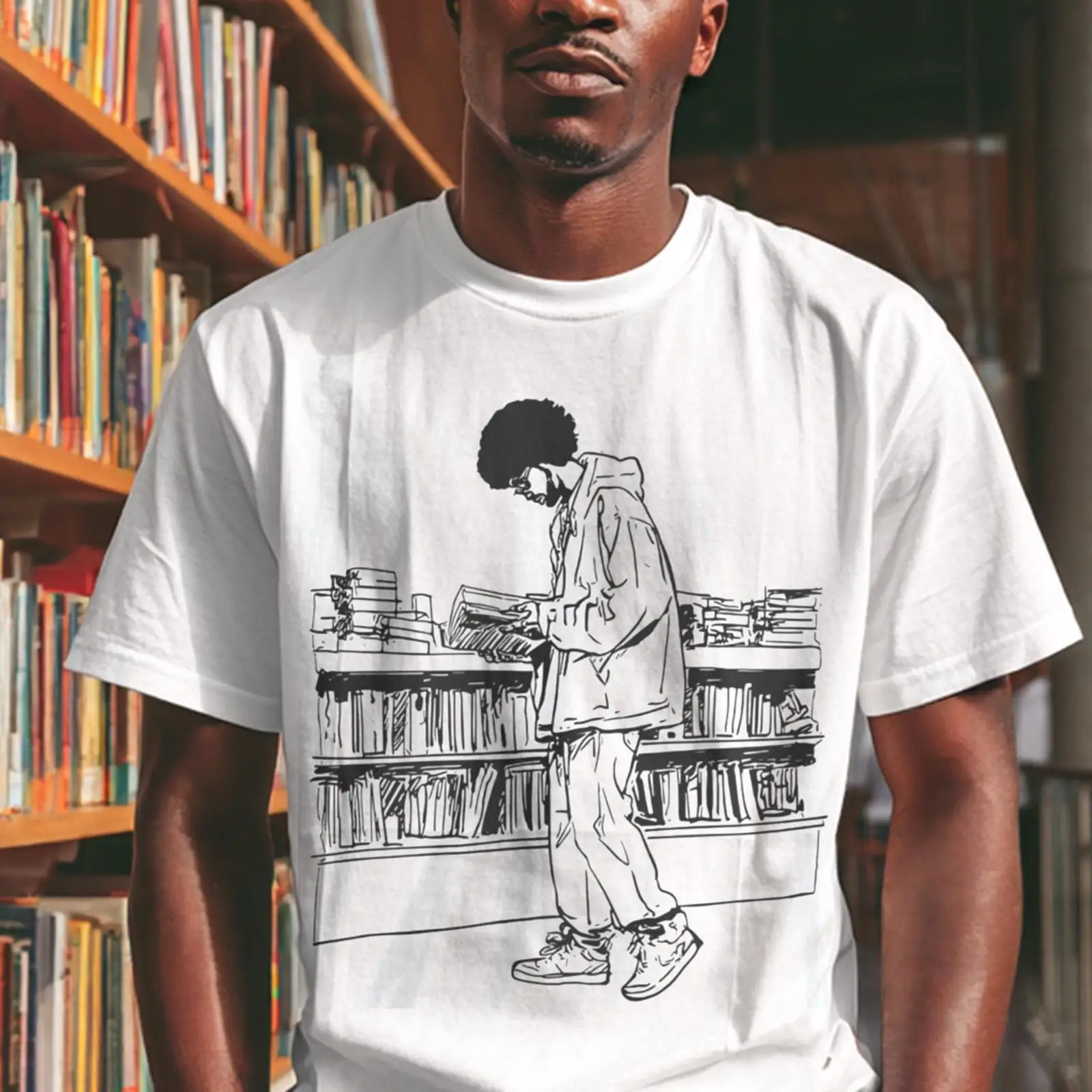 Vintage Fashion Library - Afro Man Reading in Library T