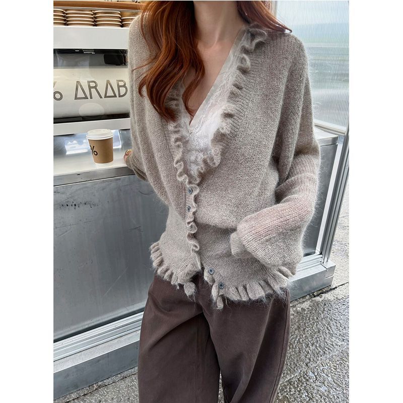 Korean Style V-neck Ruffled Sw - Crop Cardigan Vintage ulasan dan harga