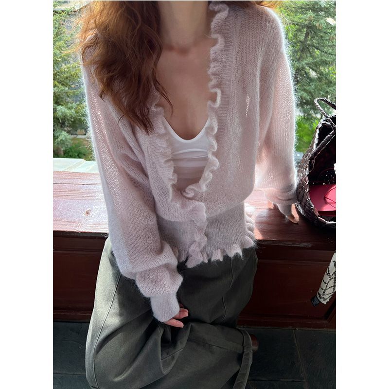 Korean Style V-neck Ruffled Sw - Crop Cardigan Vintage ulasan dan harga