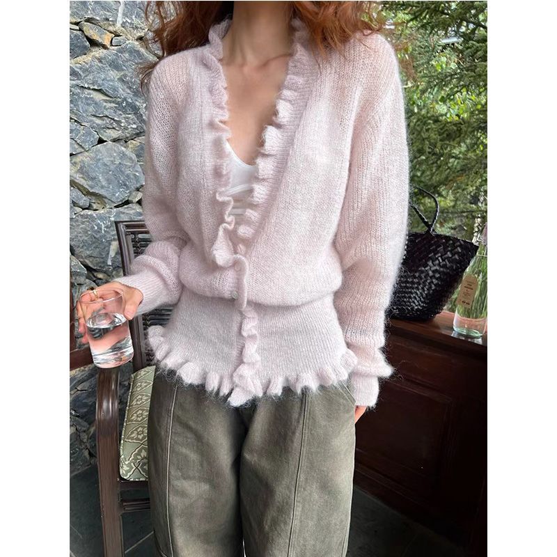 Korean Style V-neck Ruffled Sw - Crop Cardigan Vintage ulasan dan harga