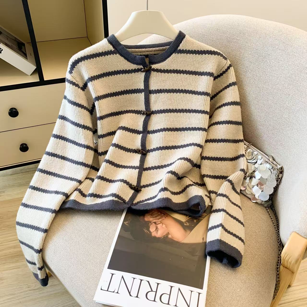 Women's Striped O-Neck Cardiga - Crop Cardigan Vintage ulasan dan harga