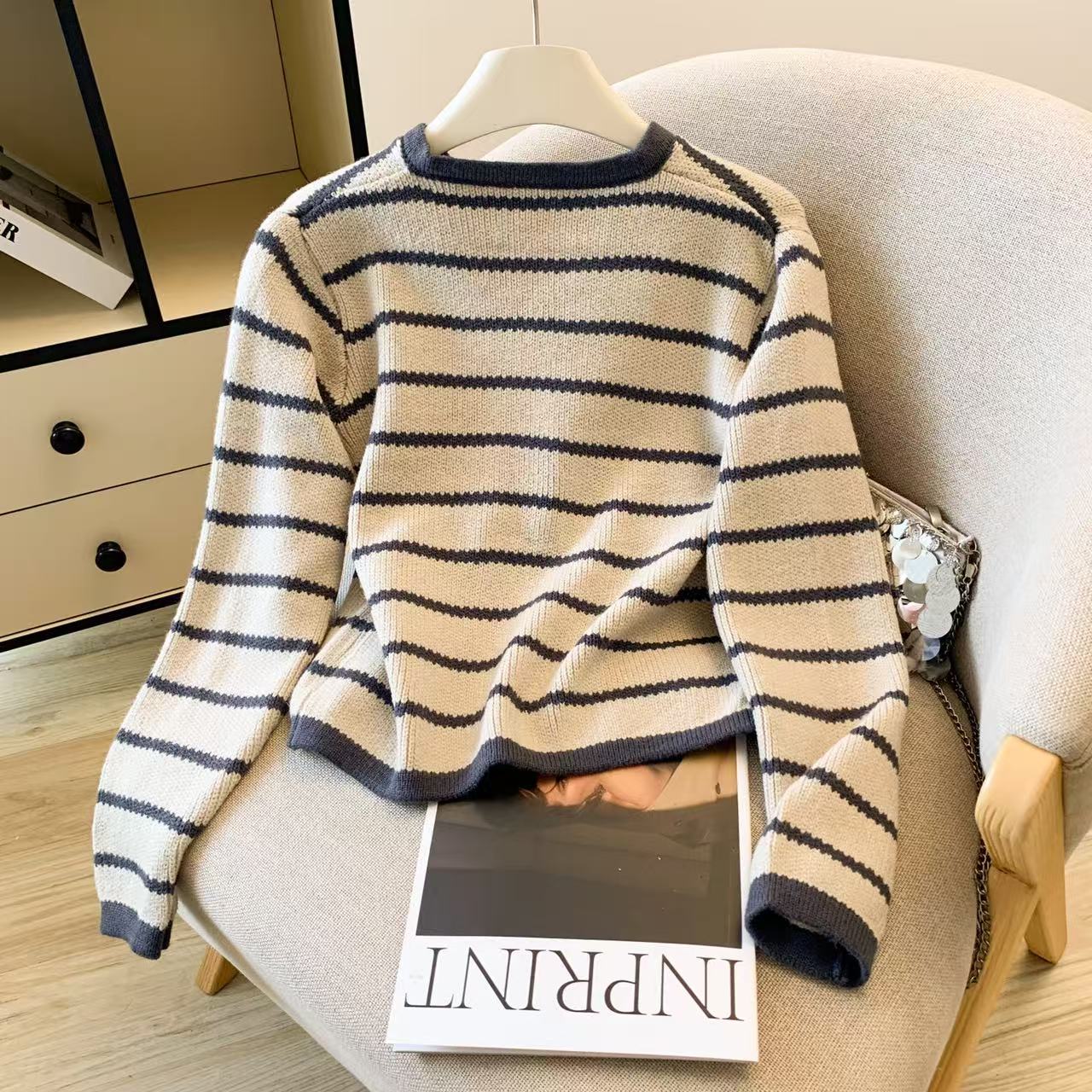Women's Striped O-Neck Cardiga - Crop Cardigan Vintage ulasan dan harga