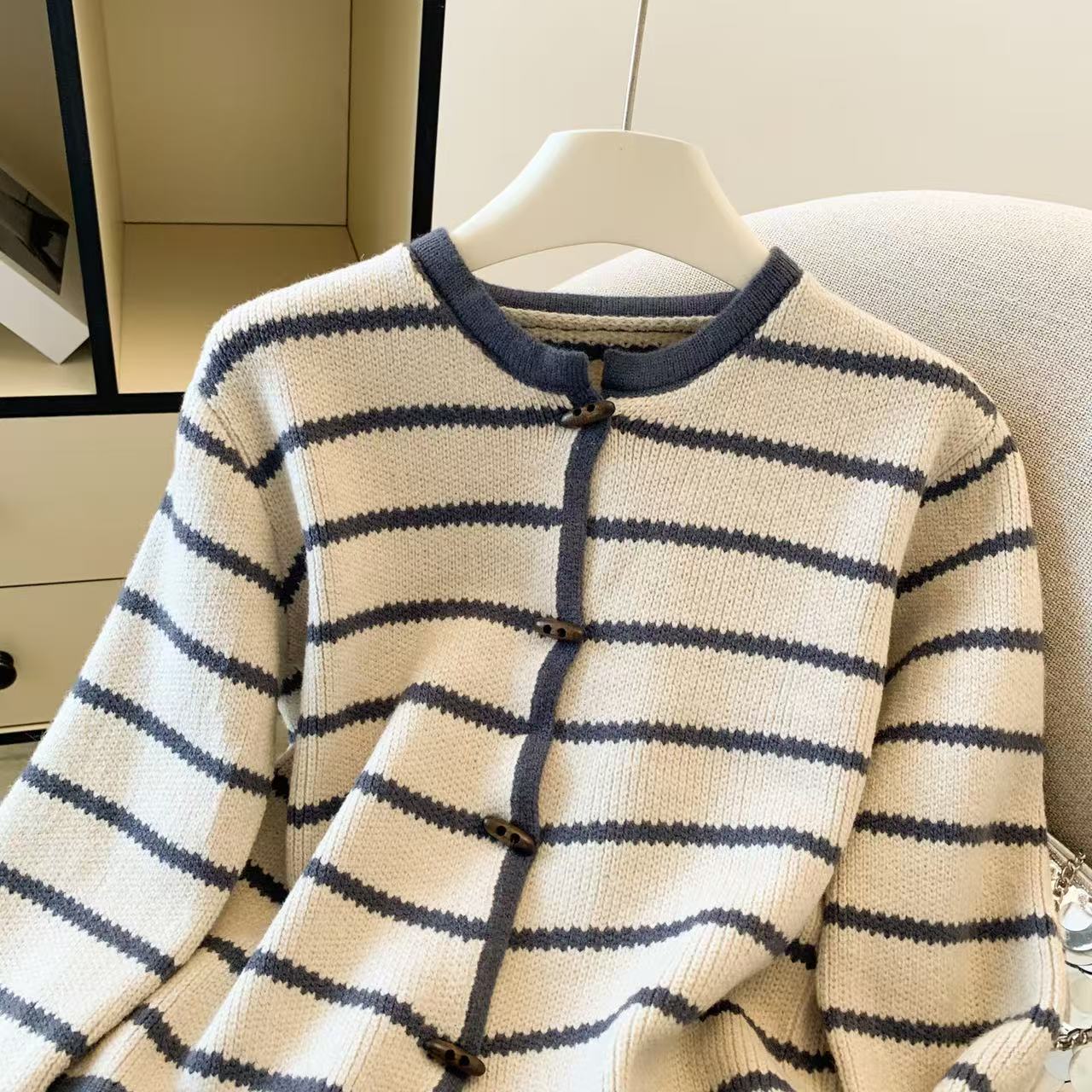 Women's Striped O-Neck Cardiga - Crop Cardigan Vintage ulasan dan harga
