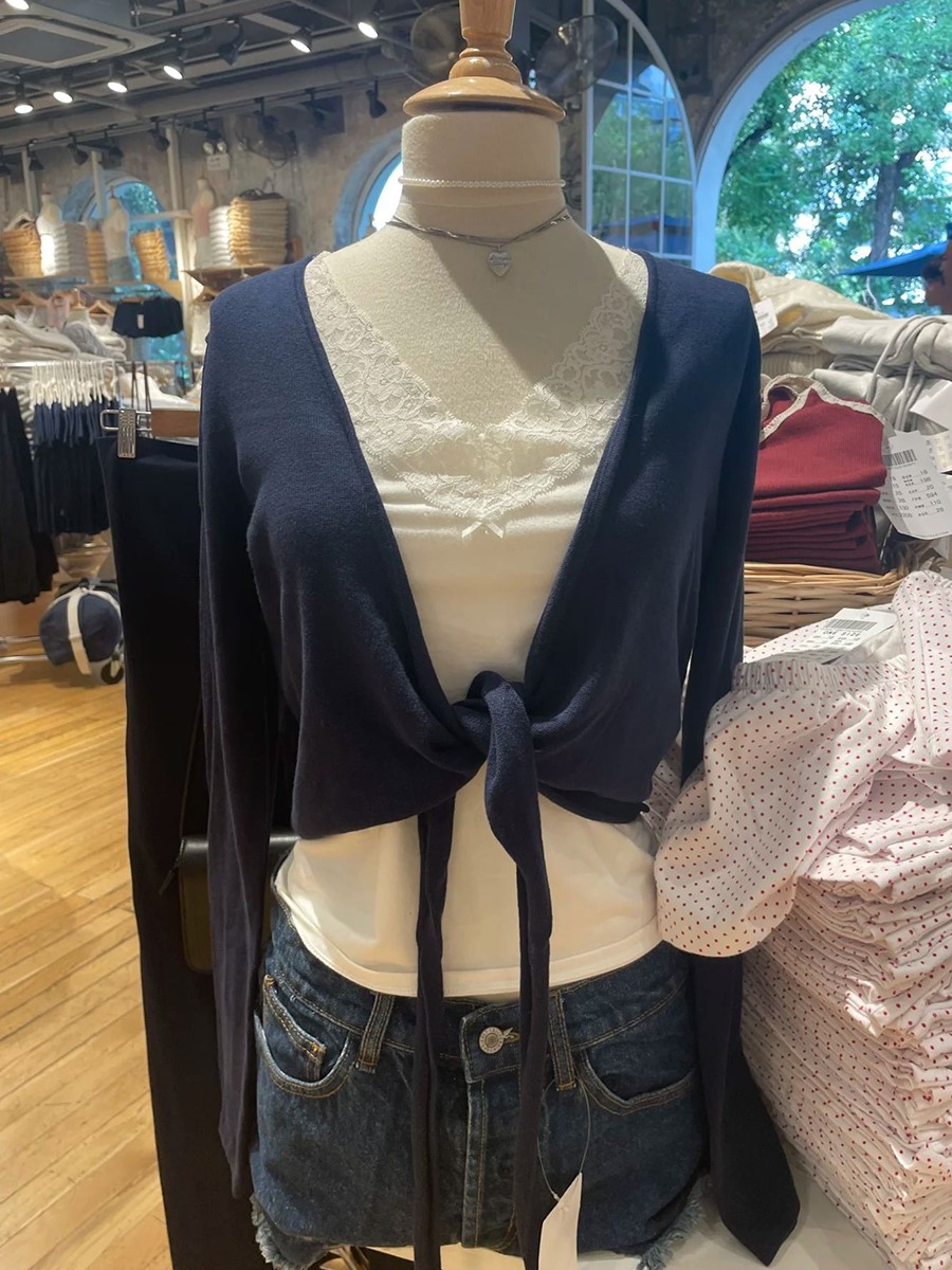 New Navy Lace-up Knitted Long  - Crop Cardigan Vintage ulasan dan harga