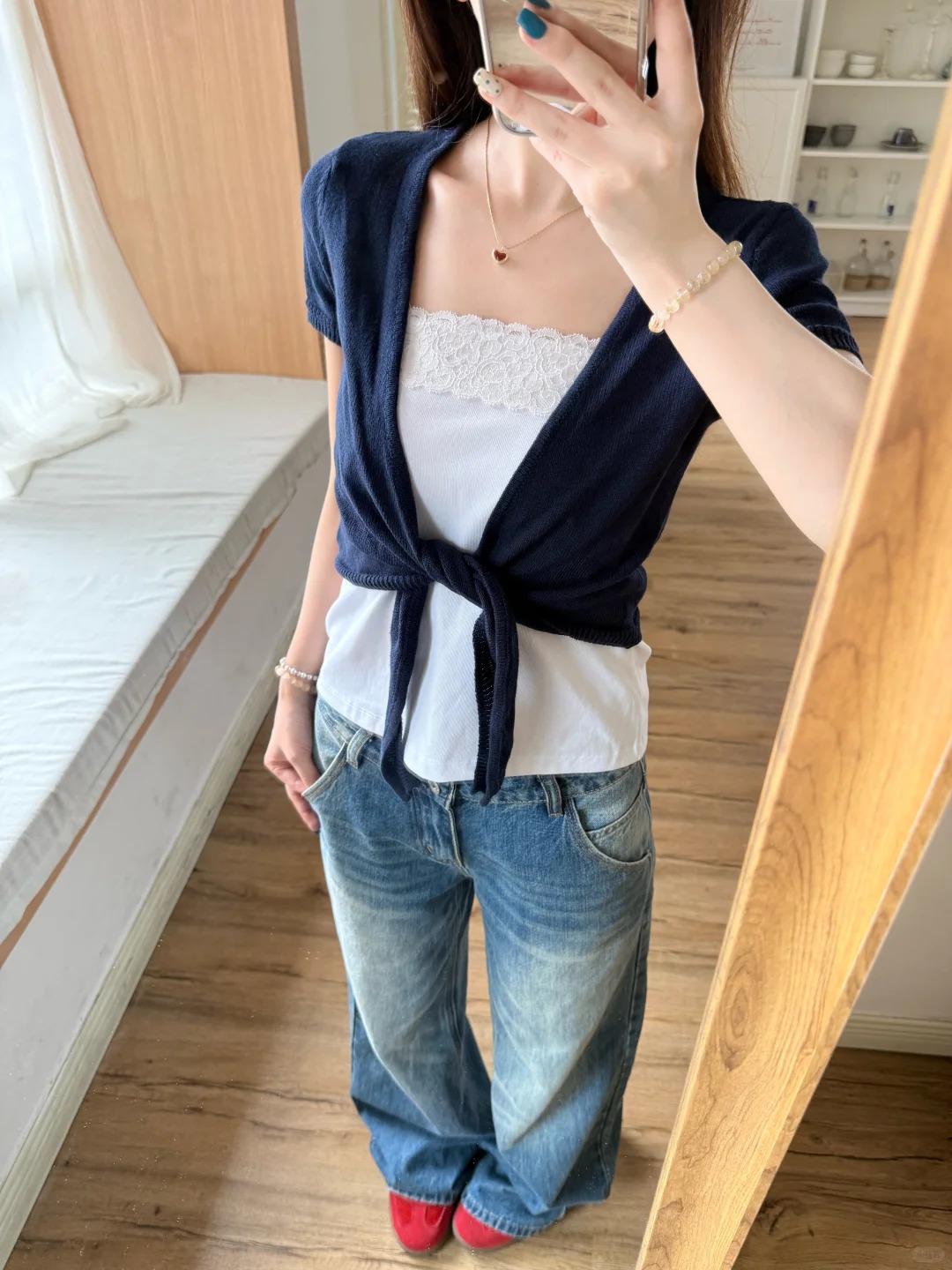 Navy Lace-up Cardigan Women Co - Crop Cardigan Vintage ulasan dan harga