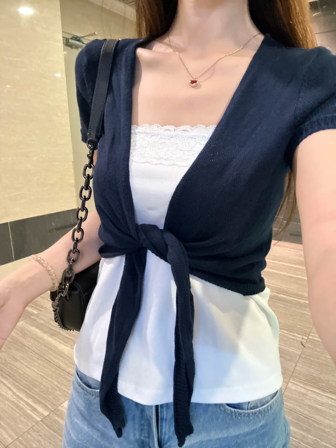 Navy Lace-up Cardigan Women Co - Crop Cardigan Vintage ulasan dan harga