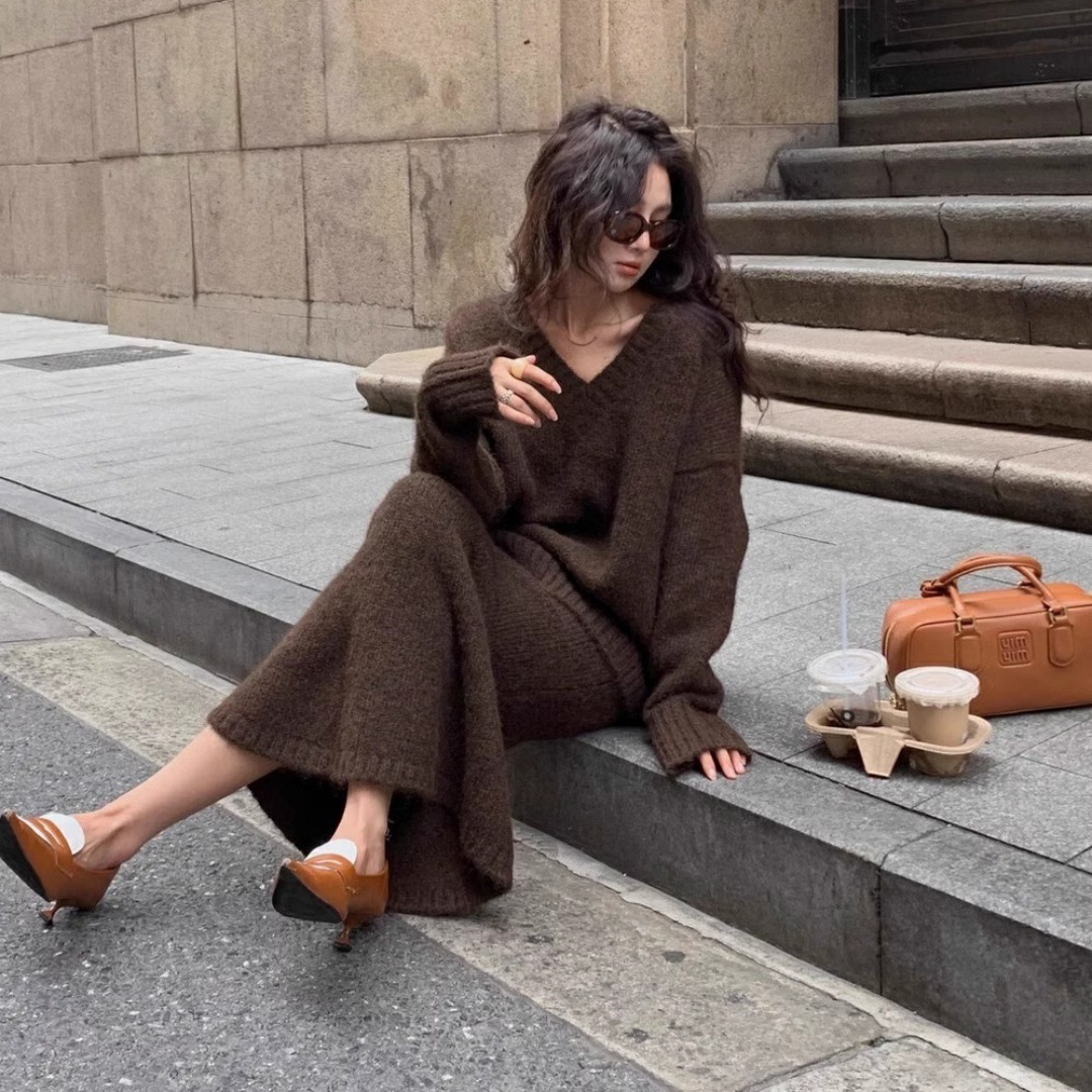 Women Coffee Brown Knit 2 Piec - V Vintage Fashion ulasan dan harga