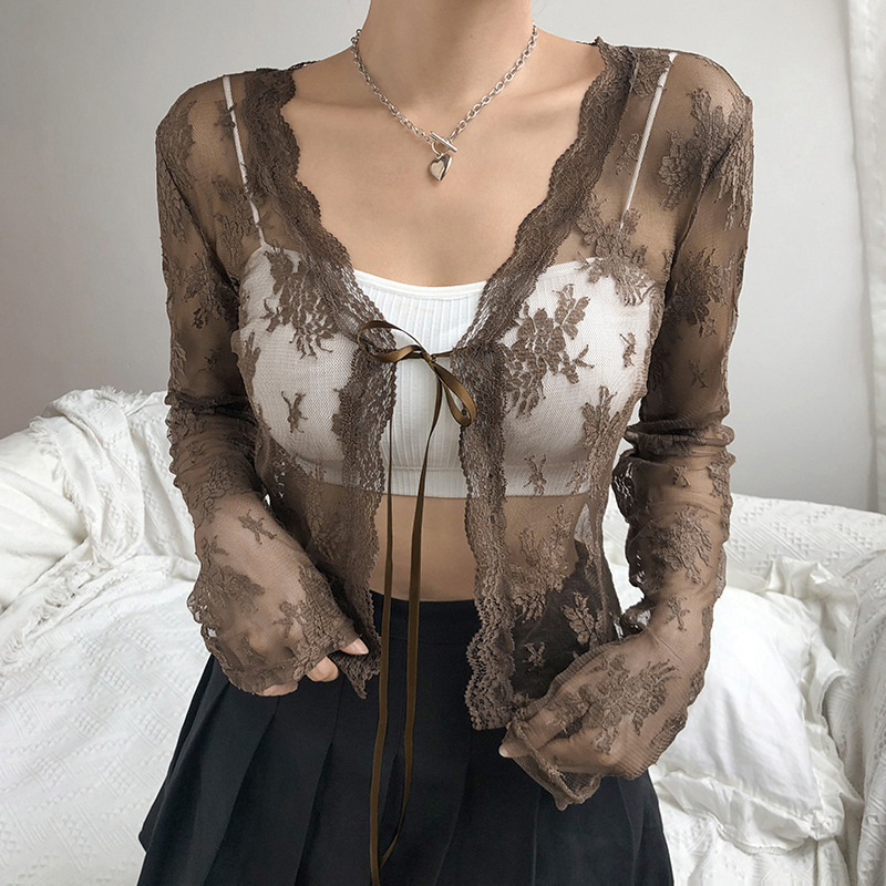 Women See Through Lace Mesh Sh - Crop Cardigan Vintage ulasan dan harga